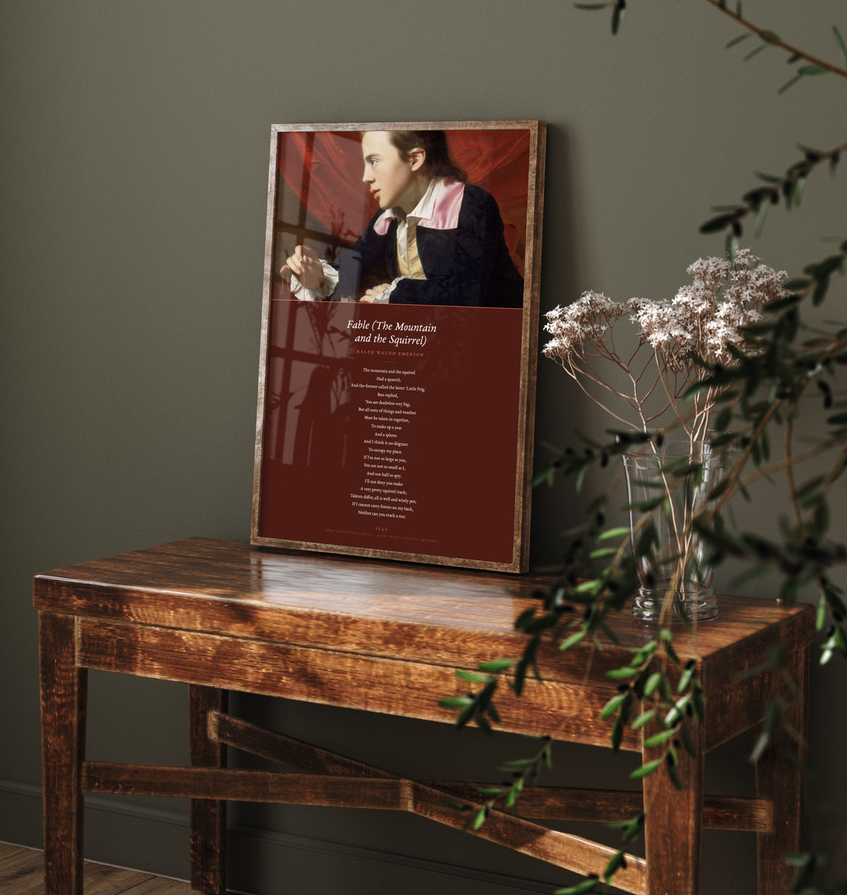 Fable The Mountain and the Squirrel by Ralph Waldo Emerson Art Print - Full Poem Poster beneath Boy with a Flying Squirrel Classic Painting