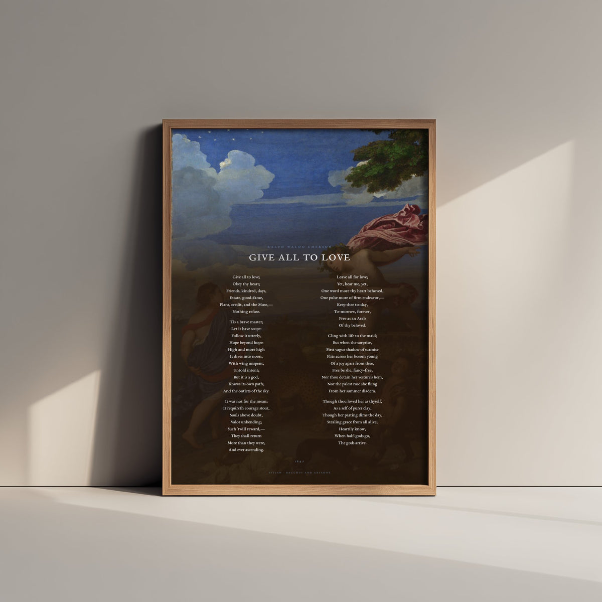 Give All to Love by Ralph Waldo Emerson Art Print - Full Poem over Titian Bacchus and Ariadne Painting - Love Poetry Poster