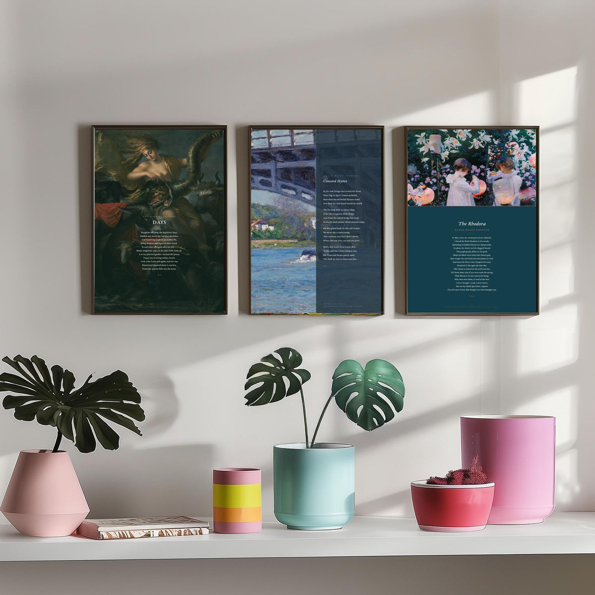 Ralph Waldo Emerson Poems Set of Three Art Prints - Days, Concord Hymn, The Rhodora - Full Poems over Paintings - Poster Triptych