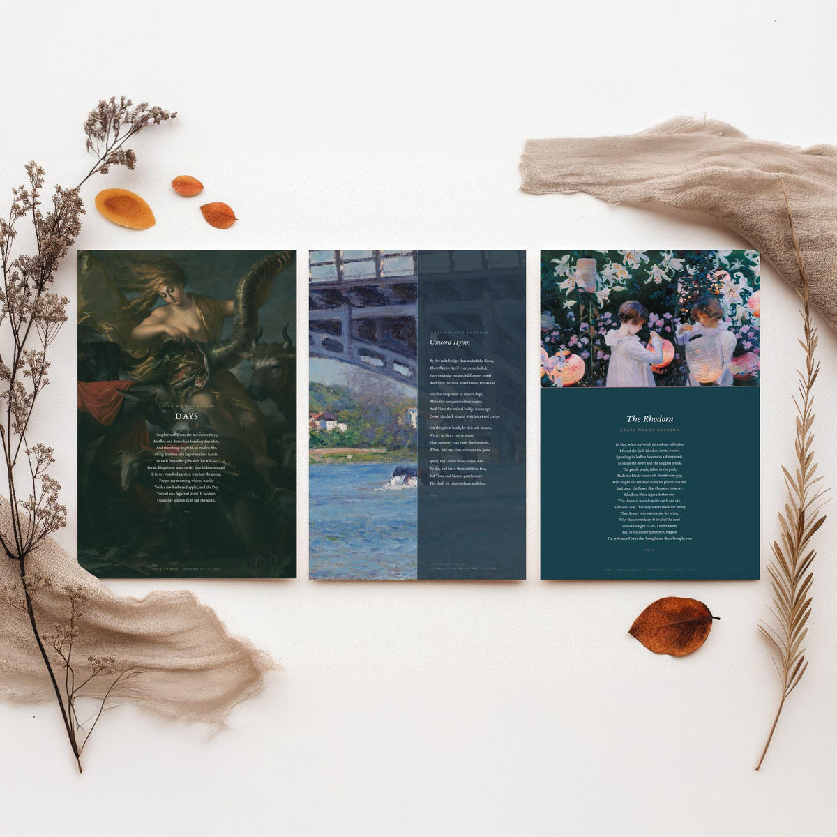 Ralph Waldo Emerson Poems Set of Three Art Prints - Days, Concord Hymn, The Rhodora - Full Poems over Paintings - Poster Triptych