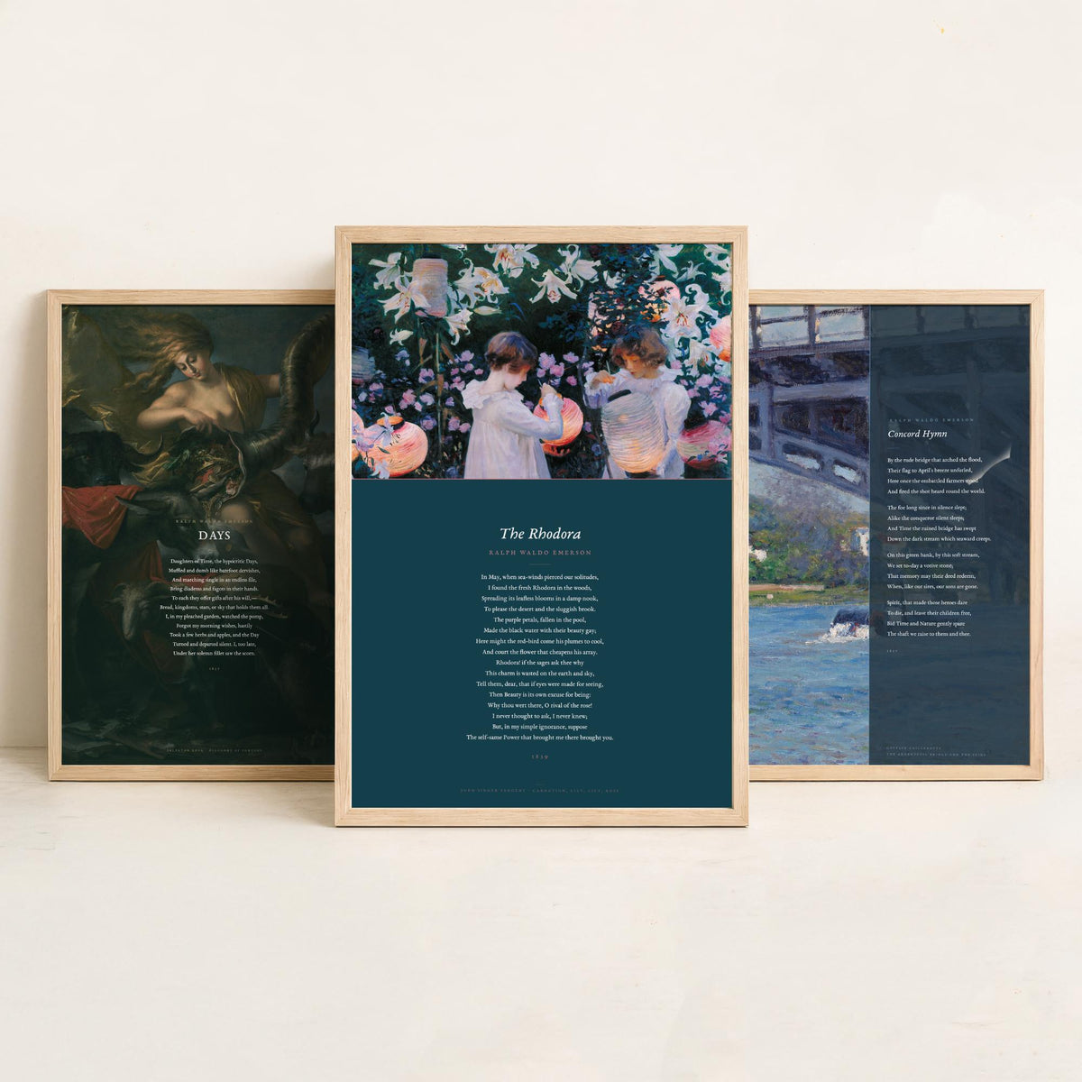 Ralph Waldo Emerson Poems Set of Three Art Prints - Days, Concord Hymn, The Rhodora - Full Poems over Paintings - Poster Triptych