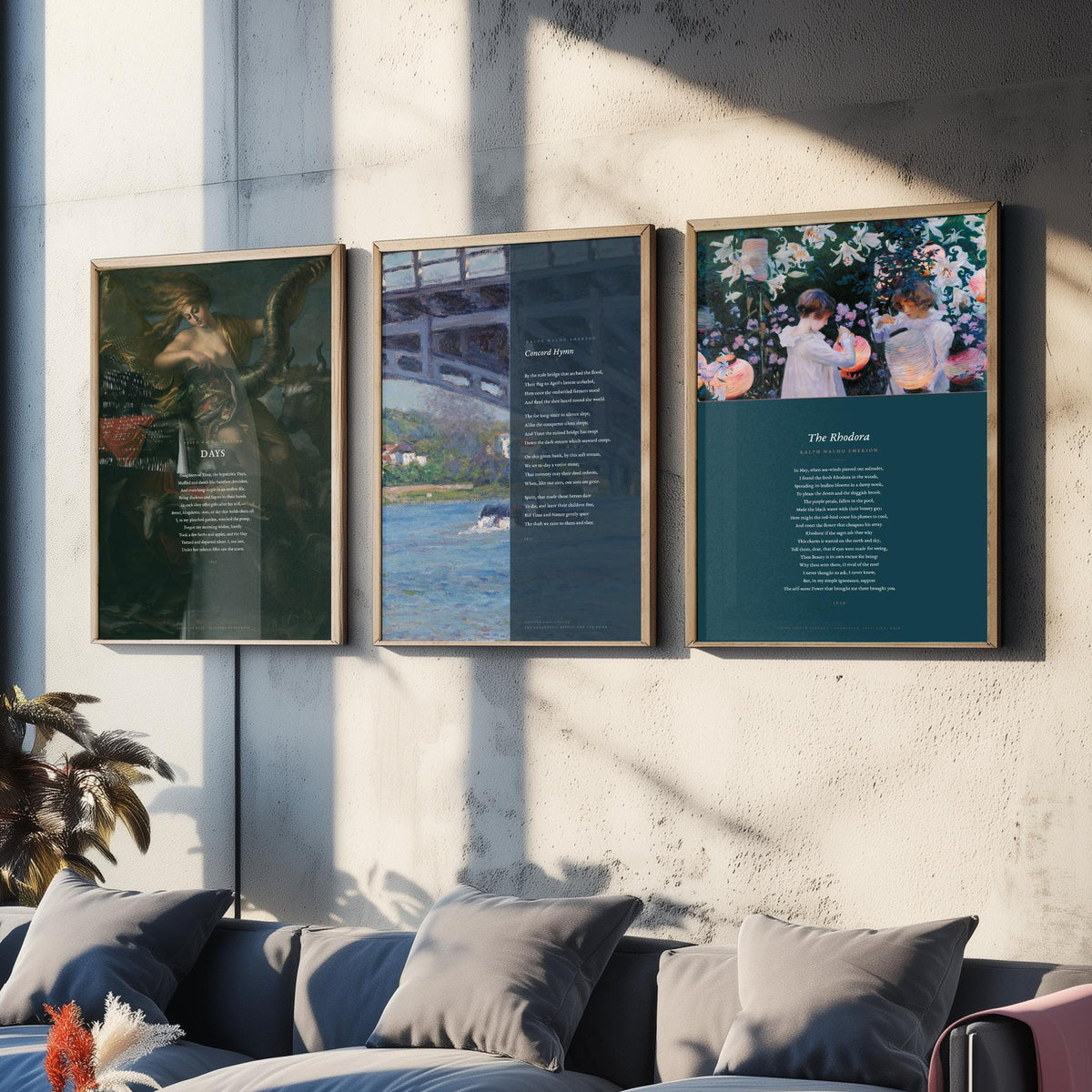 Ralph Waldo Emerson Poems Set of Three Art Prints - Days, Concord Hymn, The Rhodora - Full Poems over Paintings - Poster Triptych