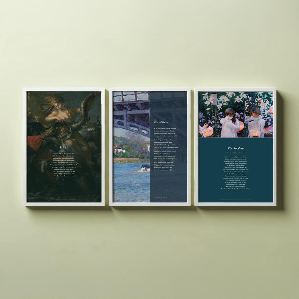 Ralph Waldo Emerson Poems Set of Three Art Prints - Days, Concord Hymn, The Rhodora - Full Poems over Paintings - Poster Triptych