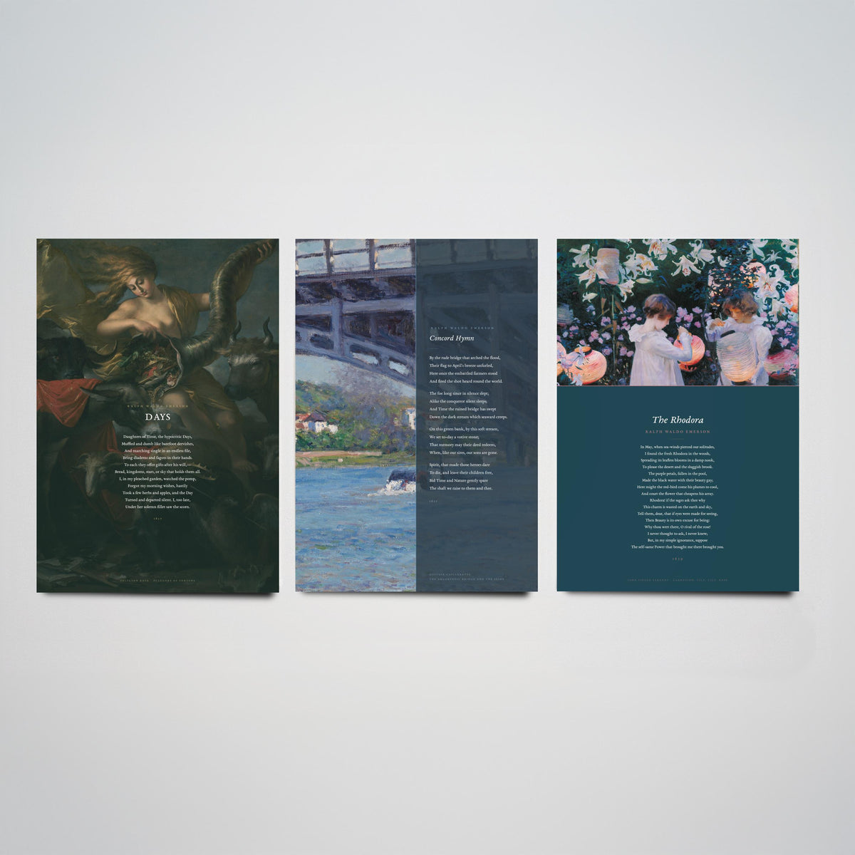 Ralph Waldo Emerson Poems Set of Three Art Prints - Days, Concord Hymn, The Rhodora - Full Poems over Paintings - Poster Triptych
