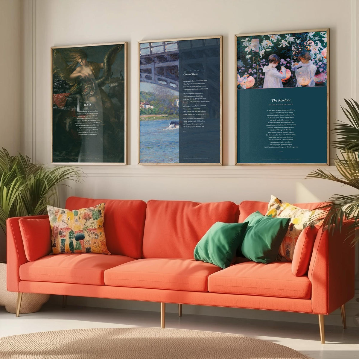 Ralph Waldo Emerson Poems Set of Three Art Prints - Days, Concord Hymn, The Rhodora - Full Poems over Paintings - Poster Triptych