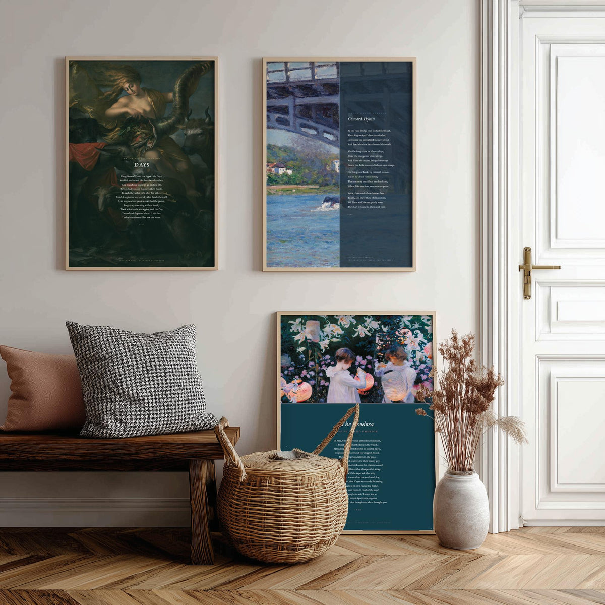 Ralph Waldo Emerson Poems Set of Three Art Prints - Days, Concord Hymn, The Rhodora - Full Poems over Paintings - Poster Triptych