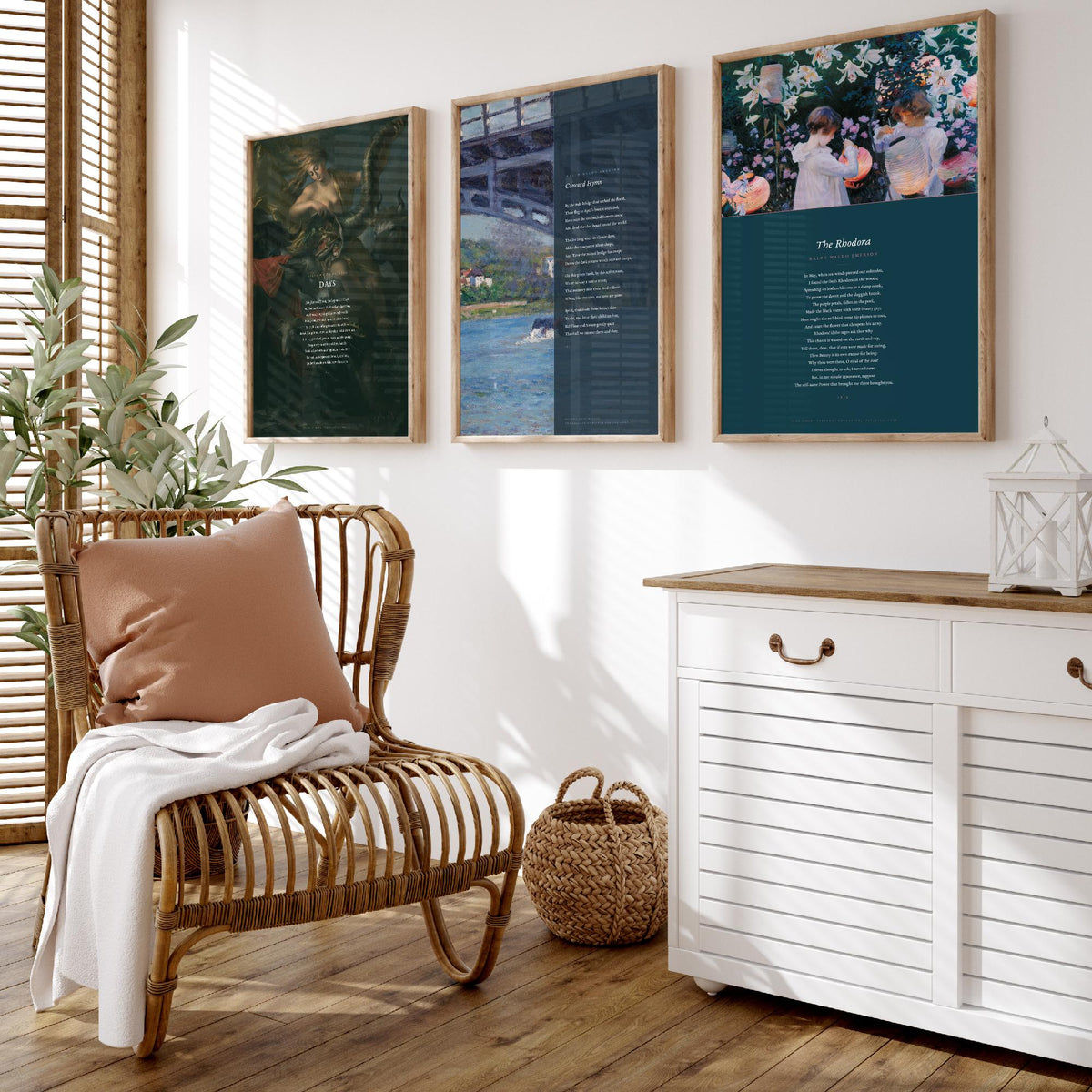 Ralph Waldo Emerson Poems Set of Three Art Prints - Days, Concord Hymn, The Rhodora - Full Poems over Paintings - Poster Triptych