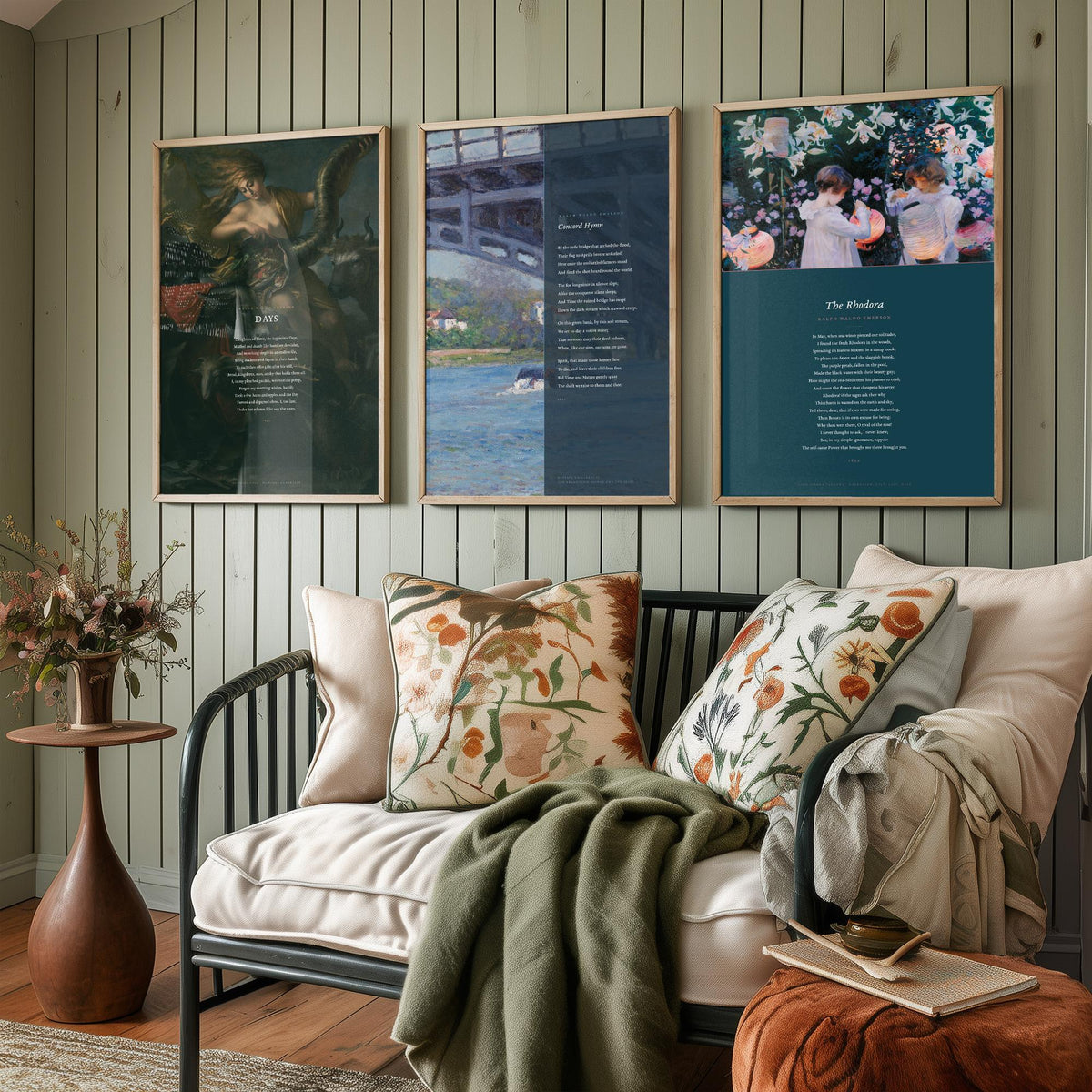 Ralph Waldo Emerson Poems Set of Three Art Prints - Days, Concord Hymn, The Rhodora - Full Poems over Paintings - Poster Triptych