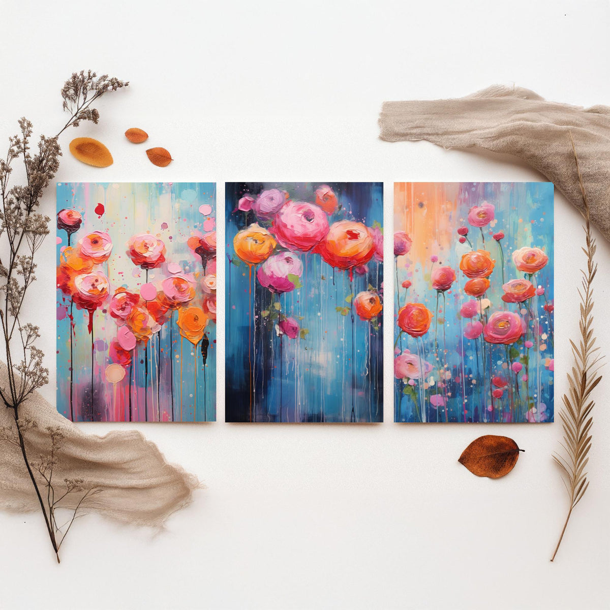 Ranunculus Set of Three Art Prints - Pink, Coral and Orange Blooms on Blue - Abstract Floral Painting Poster
