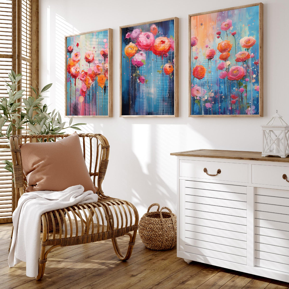 Ranunculus Set of Three Art Prints - Pink, Coral and Orange Blooms on Blue - Abstract Floral Painting Poster