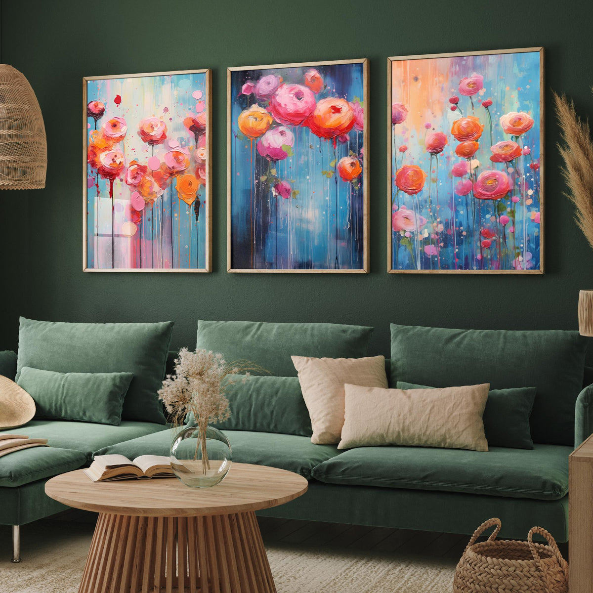 Ranunculus Set of Three Art Prints - Pink, Coral and Orange Blooms on Blue - Abstract Floral Painting Poster