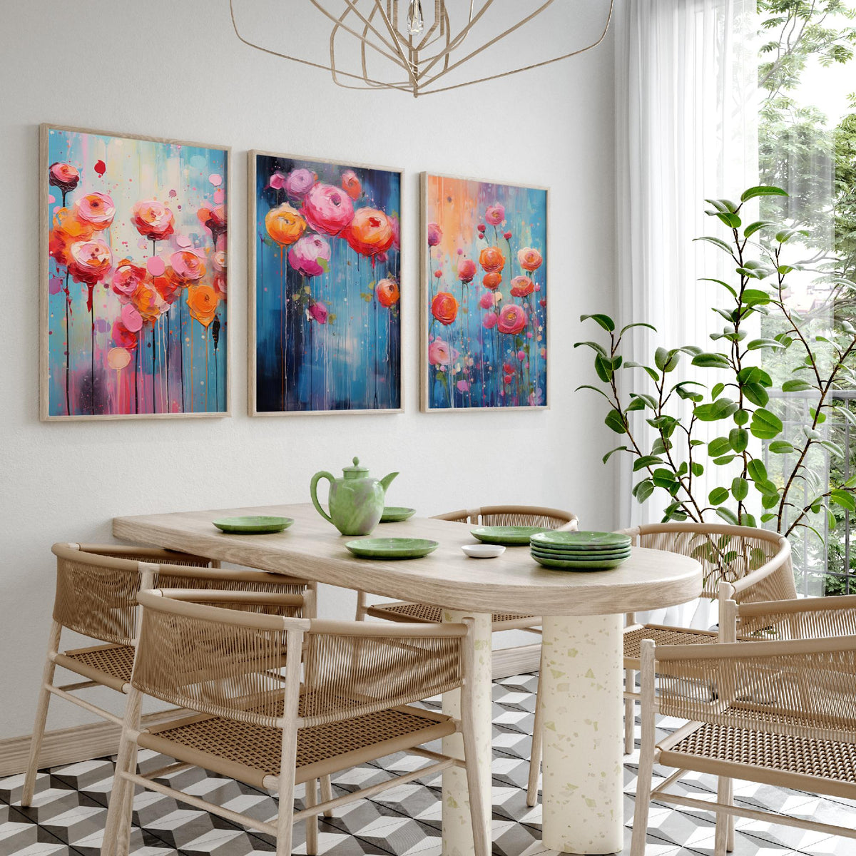 Ranunculus Set of Three Art Prints - Pink, Coral and Orange Blooms on Blue - Abstract Floral Painting Poster