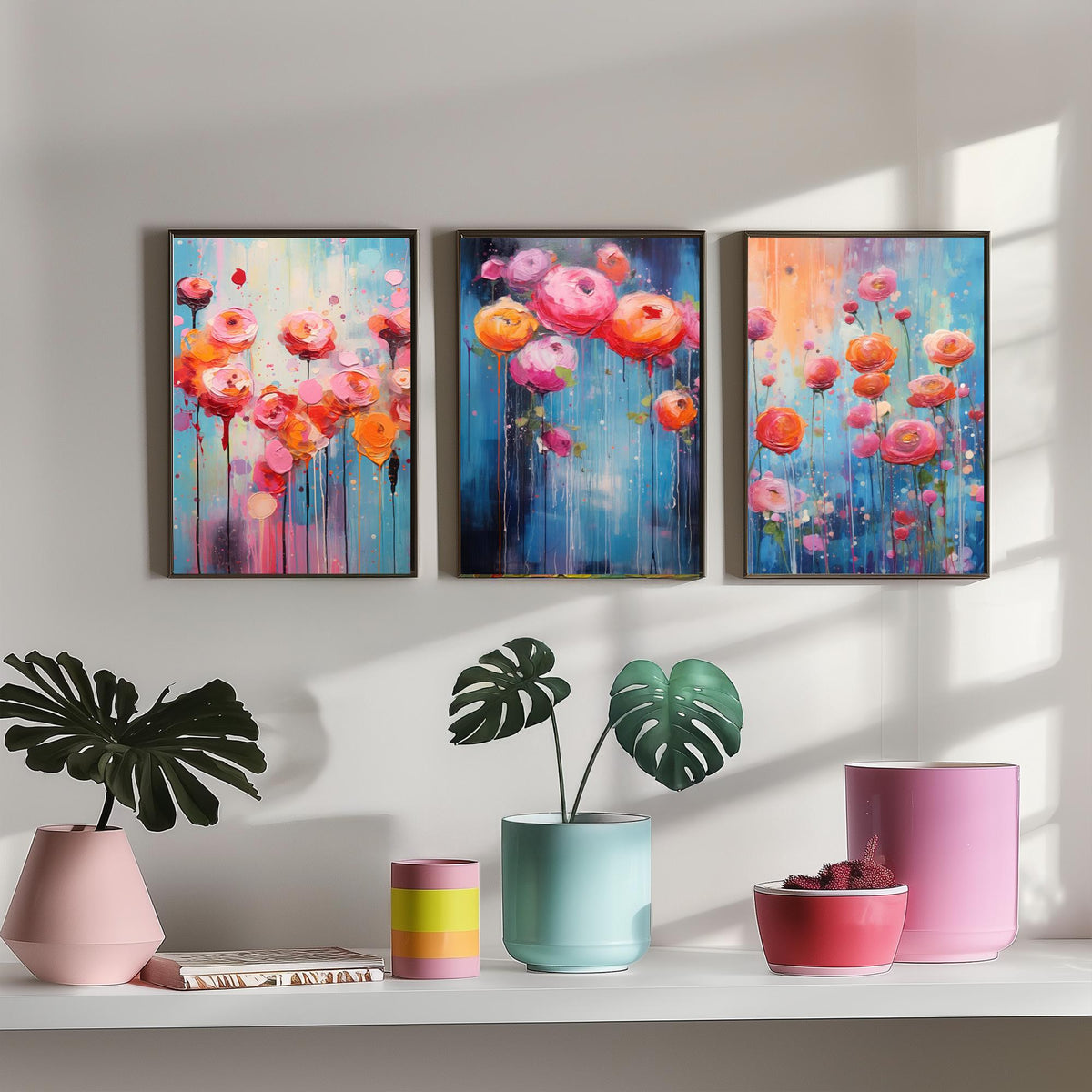 Ranunculus Set of Three Art Prints - Pink, Coral and Orange Blooms on Blue - Abstract Floral Painting Poster