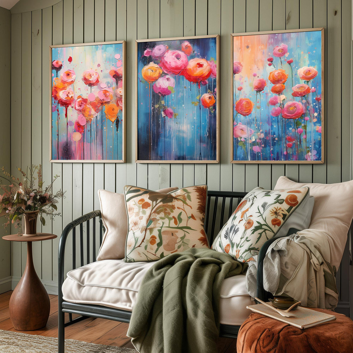 Ranunculus Set of Three Art Prints - Pink, Coral and Orange Blooms on Blue - Abstract Floral Painting Poster