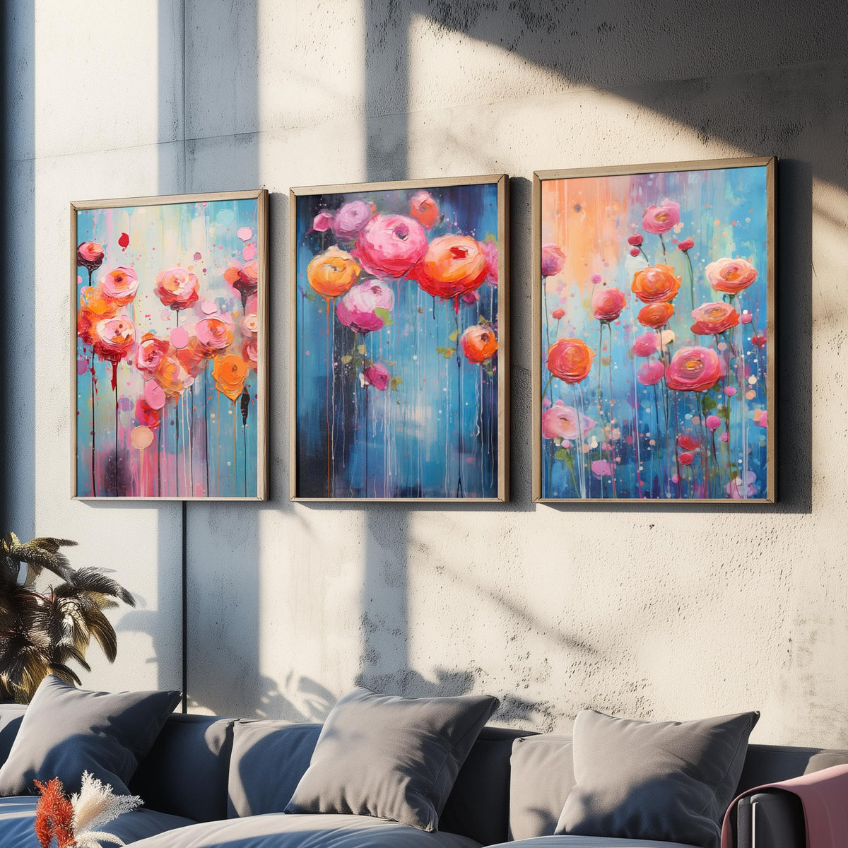 Ranunculus Set of Three Art Prints - Pink, Coral and Orange Blooms on Blue - Abstract Floral Painting Poster