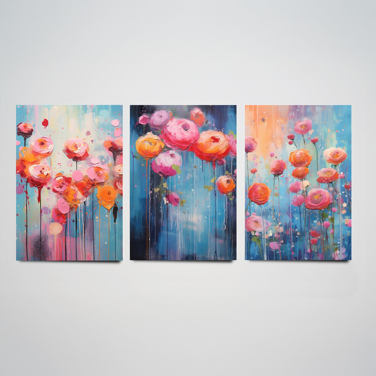 Ranunculus Set of Three Art Prints - Pink, Coral and Orange Blooms on Blue - Abstract Floral Painting Poster