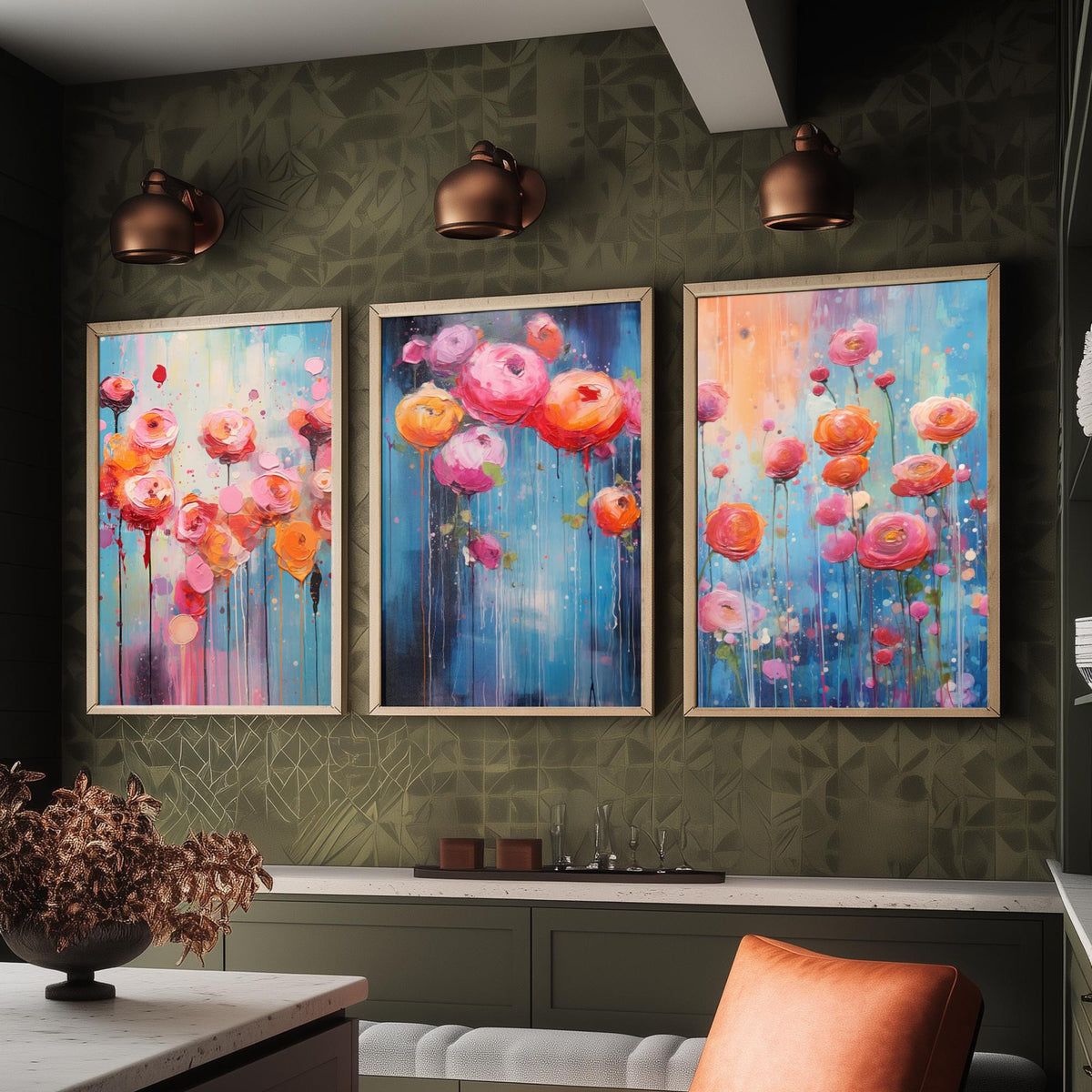 Ranunculus Set of Three Art Prints - Pink, Coral and Orange Blooms on Blue - Abstract Floral Painting Poster