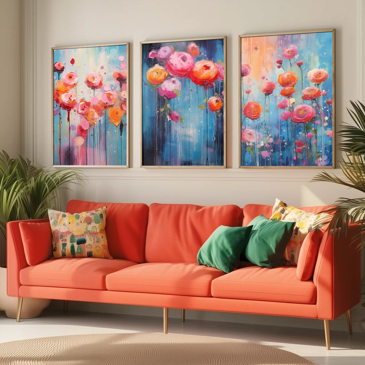 Ranunculus Set of Three Art Prints - Pink, Coral and Orange Blooms on Blue - Abstract Floral Painting Poster