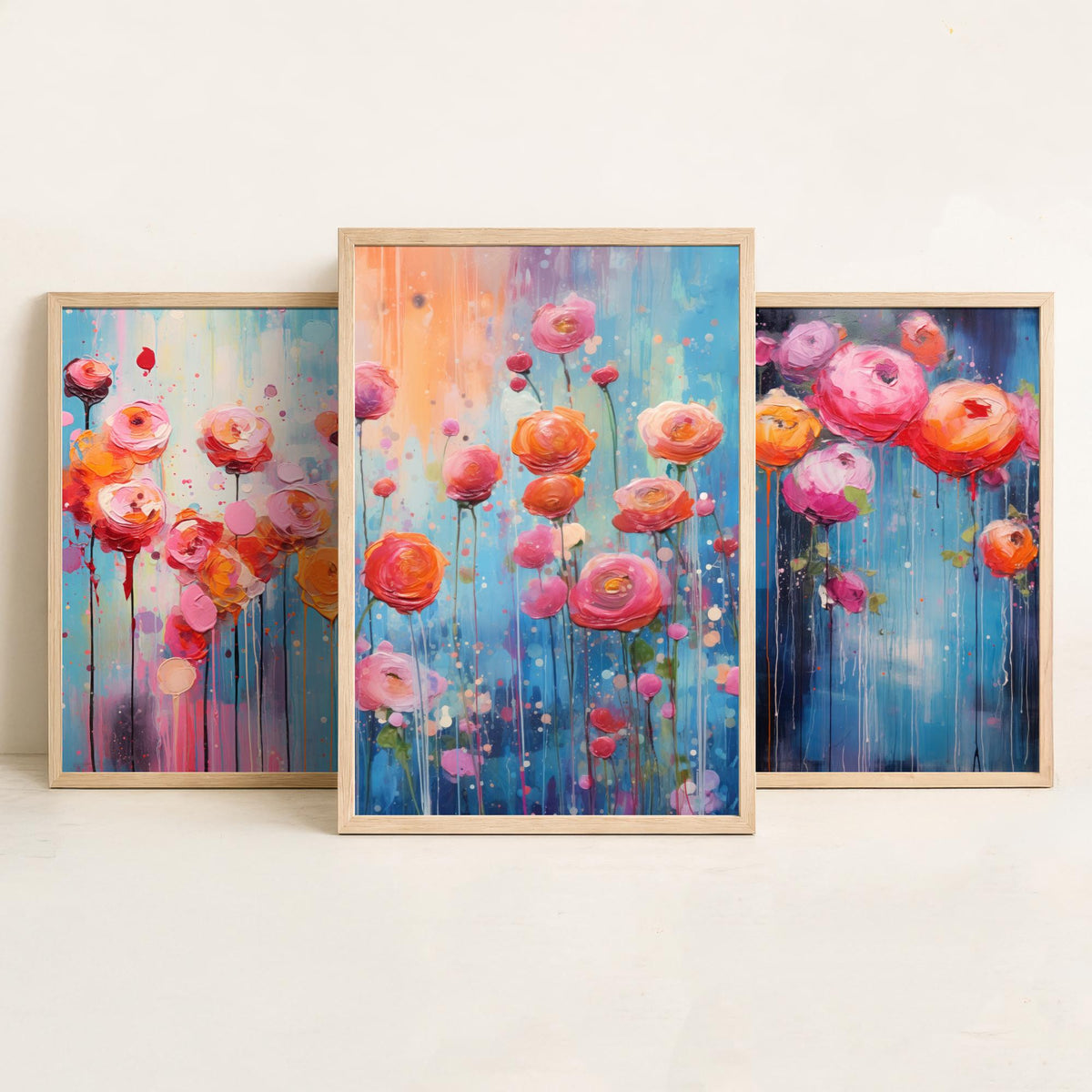 Ranunculus Set of Three Art Prints - Pink, Coral and Orange Blooms on Blue - Abstract Floral Painting Poster
