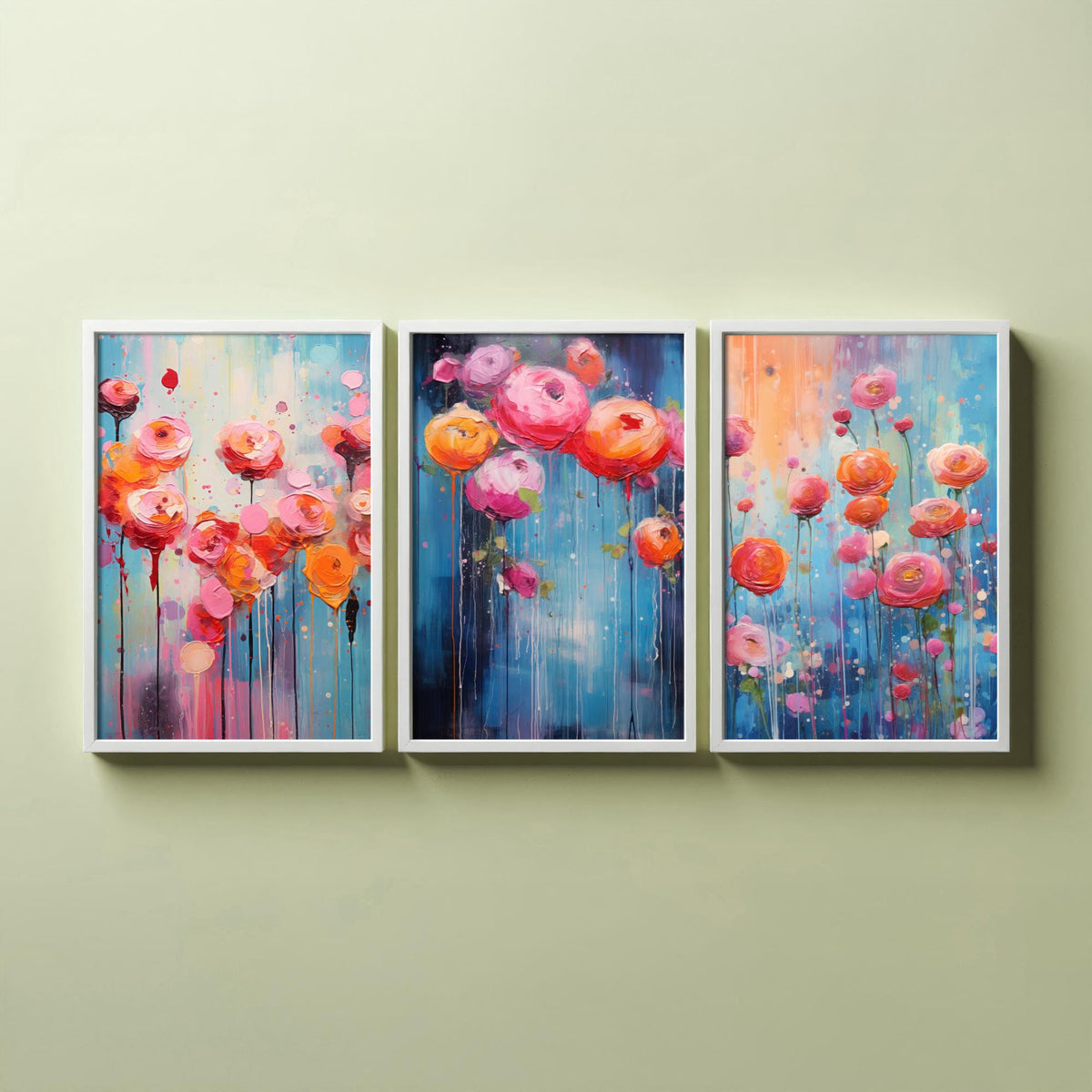 Ranunculus Set of Three Art Prints - Pink, Coral and Orange Blooms on Blue - Abstract Floral Painting Poster
