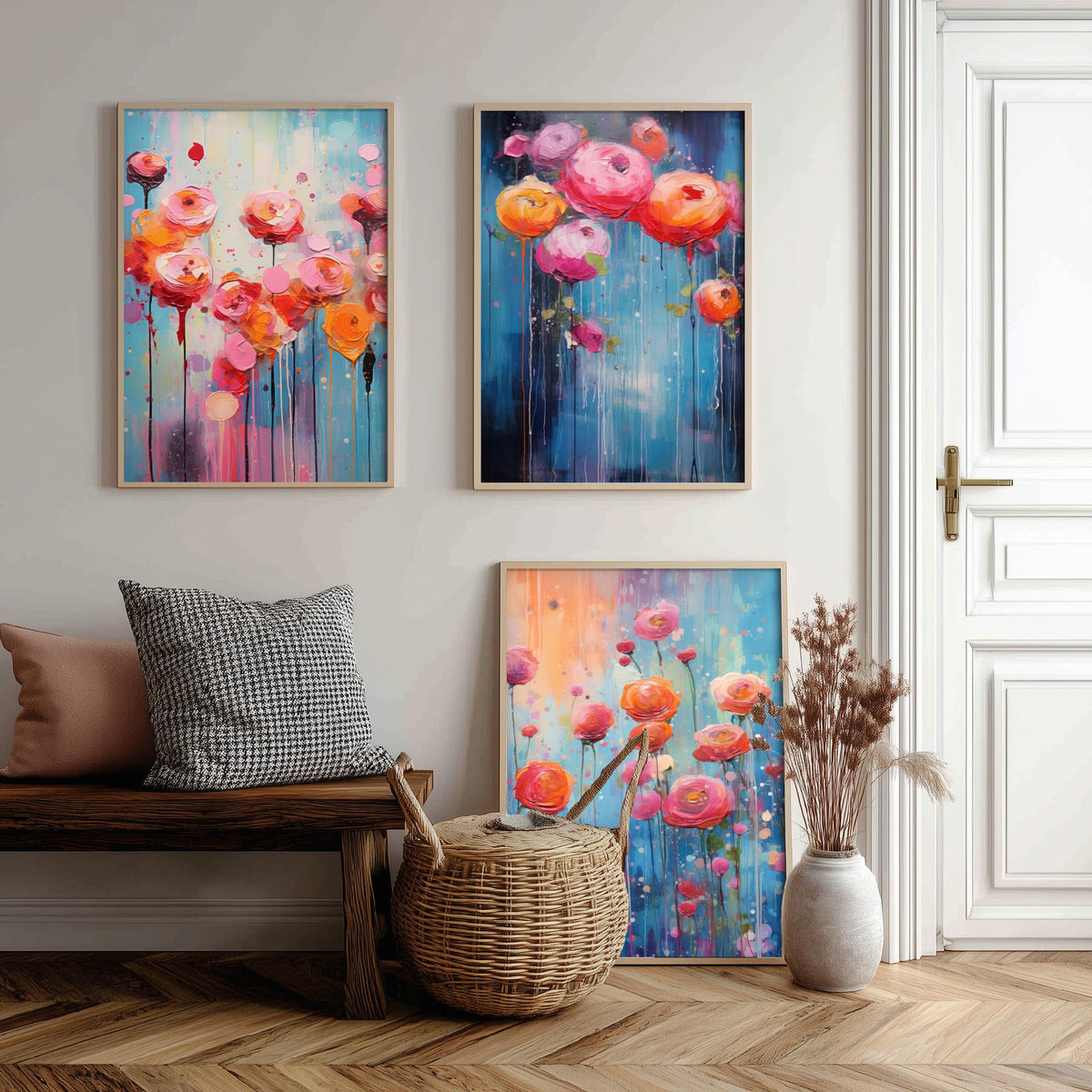 Ranunculus Set of Three Art Prints - Pink, Coral and Orange Blooms on Blue - Abstract Floral Painting Poster