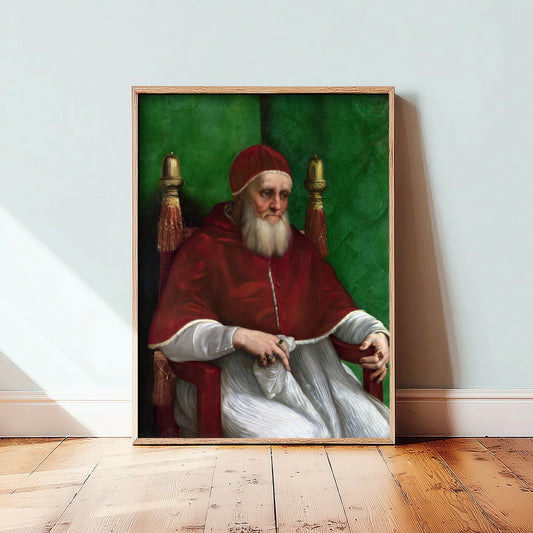 Raphael - Portrait of Pope Julius II (1511) - Classic Painting Art Print - Bearded Pope in Red Velvet Cap and Rings Green Wall Poster