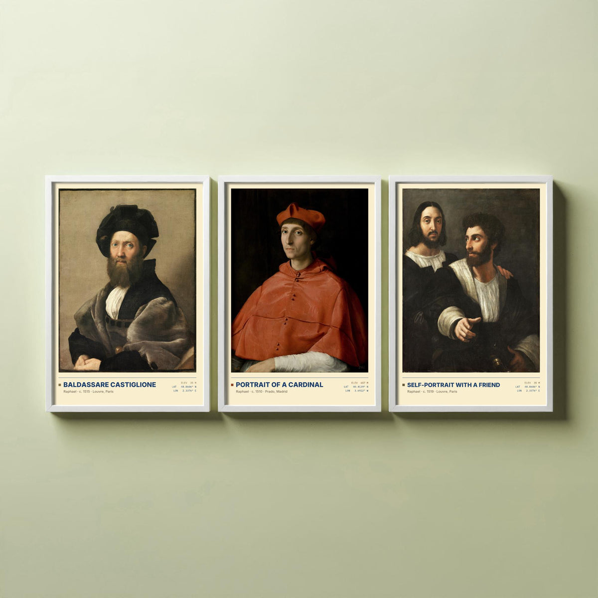 Raphael Set of Three Art Prints - Castiglione, Cardinal, Self-Portrait with a Friend - Renaissance Gallery Posters - Italian Paintings