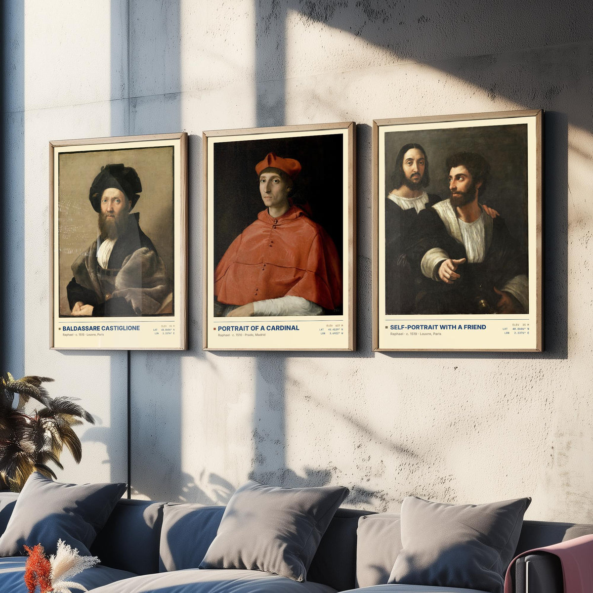 Raphael Set of Three Art Prints - Castiglione, Cardinal, Self-Portrait with a Friend - Renaissance Gallery Posters - Italian Paintings