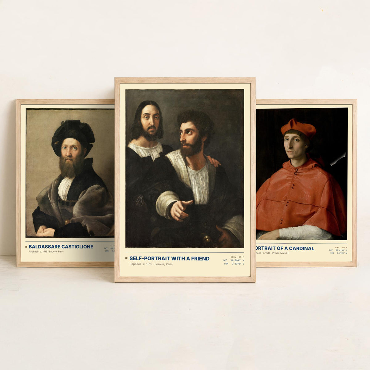 Raphael Set of Three Art Prints - Castiglione, Cardinal, Self-Portrait with a Friend - Renaissance Gallery Posters - Italian Paintings