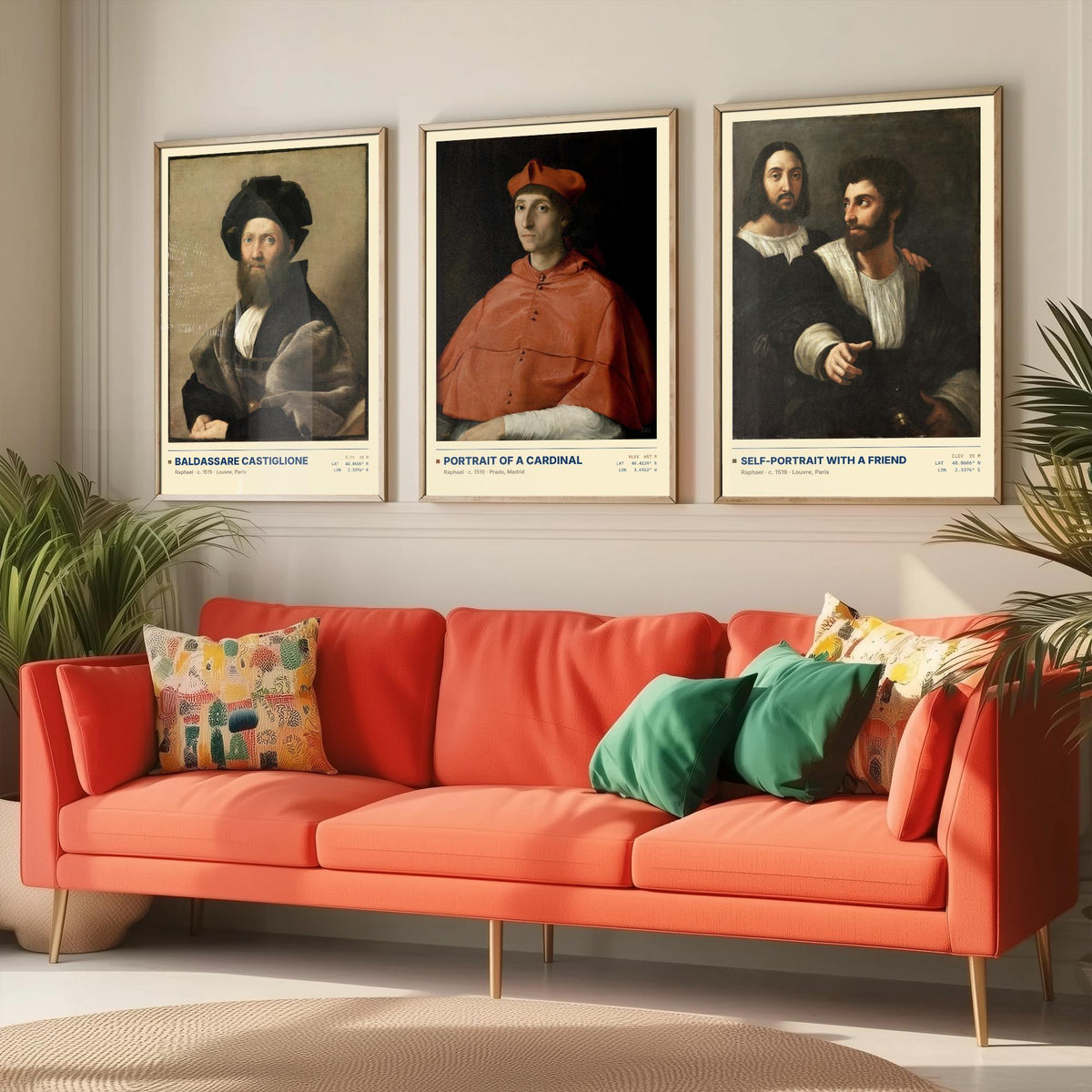 Raphael Set of Three Art Prints - Castiglione, Cardinal, Self-Portrait with a Friend - Renaissance Gallery Posters - Italian Paintings