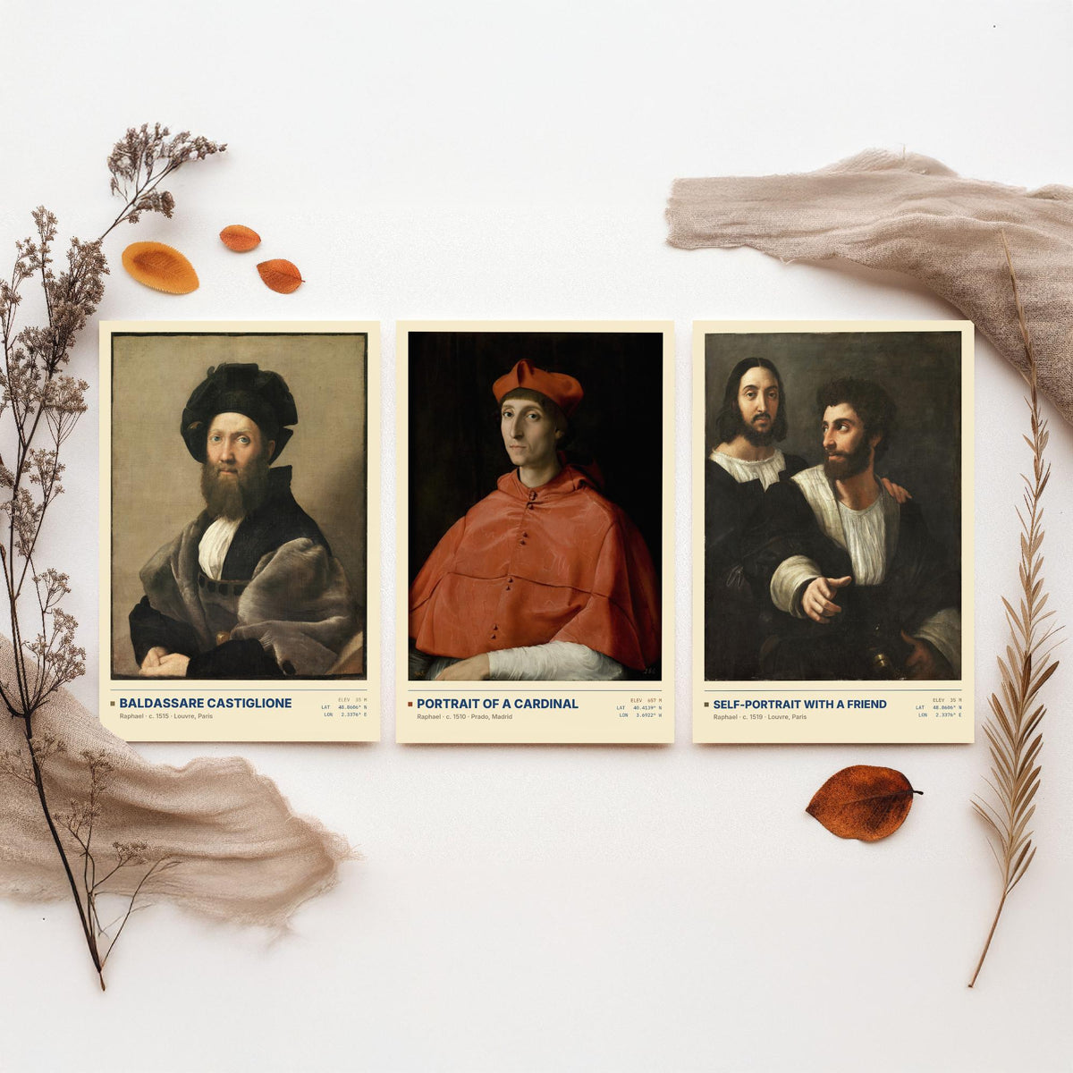 Raphael Set of Three Art Prints - Castiglione, Cardinal, Self-Portrait with a Friend - Renaissance Gallery Posters - Italian Paintings