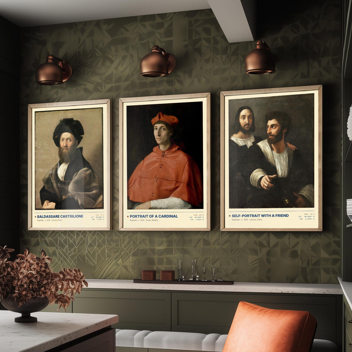 Raphael Set of Three Art Prints - Castiglione, Cardinal, Self-Portrait with a Friend - Renaissance Gallery Posters - Italian Paintings