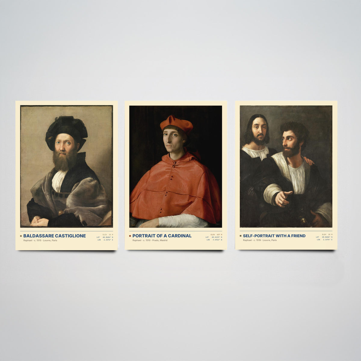 Raphael Set of Three Art Prints - Castiglione, Cardinal, Self-Portrait with a Friend - Renaissance Gallery Posters - Italian Paintings