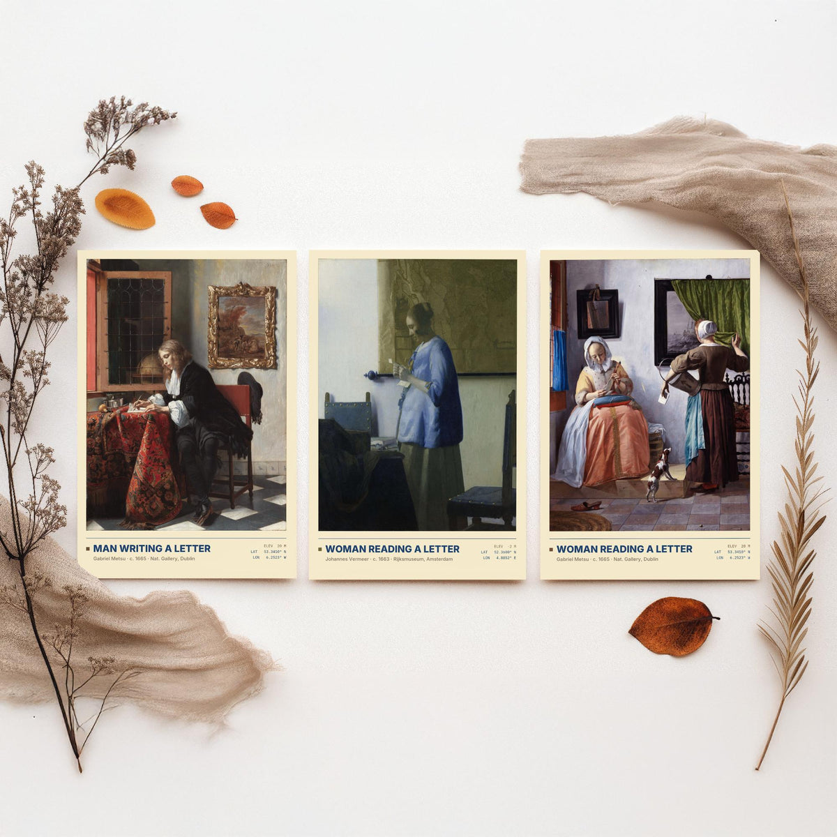 Letters Set of Three Art Prints - Man Writing a Letter, Woman Reading a Letter - Metsu and Vermeer Gallery Posters - Dutch Paintings