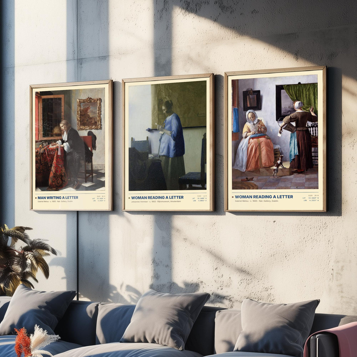 Letters Set of Three Art Prints - Man Writing a Letter, Woman Reading a Letter - Metsu and Vermeer Gallery Posters - Dutch Paintings