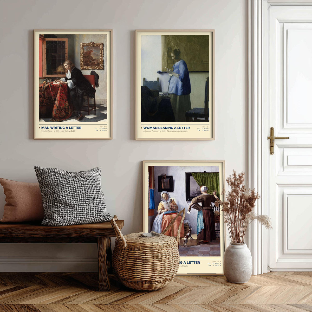 Letters Set of Three Art Prints - Man Writing a Letter, Woman Reading a Letter - Metsu and Vermeer Gallery Posters - Dutch Paintings