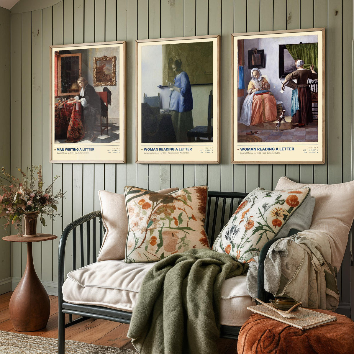 Letters Set of Three Art Prints - Man Writing a Letter, Woman Reading a Letter - Metsu and Vermeer Gallery Posters - Dutch Paintings