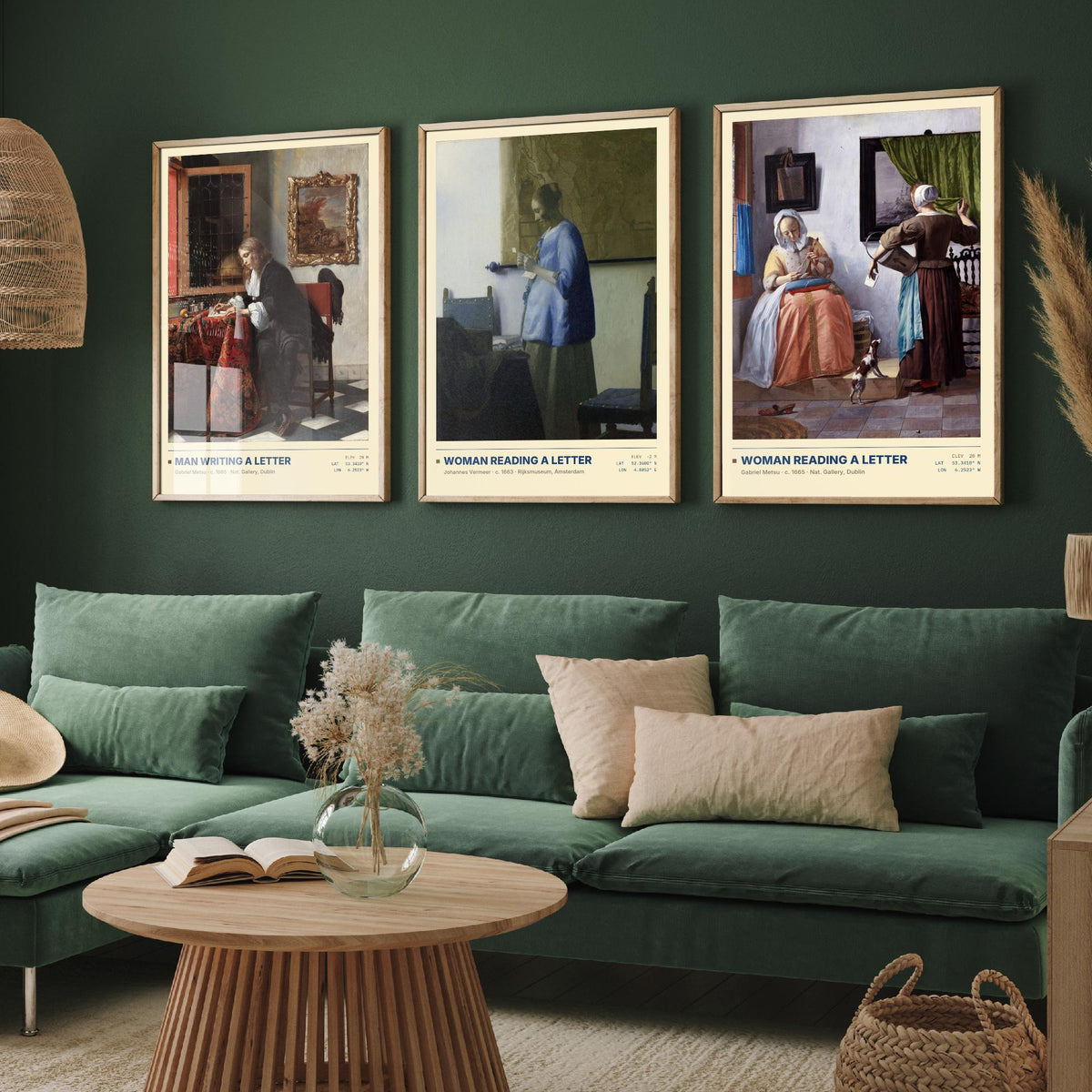 Letters Set of Three Art Prints - Man Writing a Letter, Woman Reading a Letter - Metsu and Vermeer Gallery Posters - Dutch Paintings