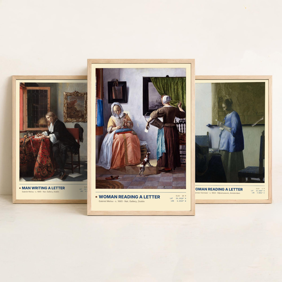 Letters Set of Three Art Prints - Man Writing a Letter, Woman Reading a Letter - Metsu and Vermeer Gallery Posters - Dutch Paintings