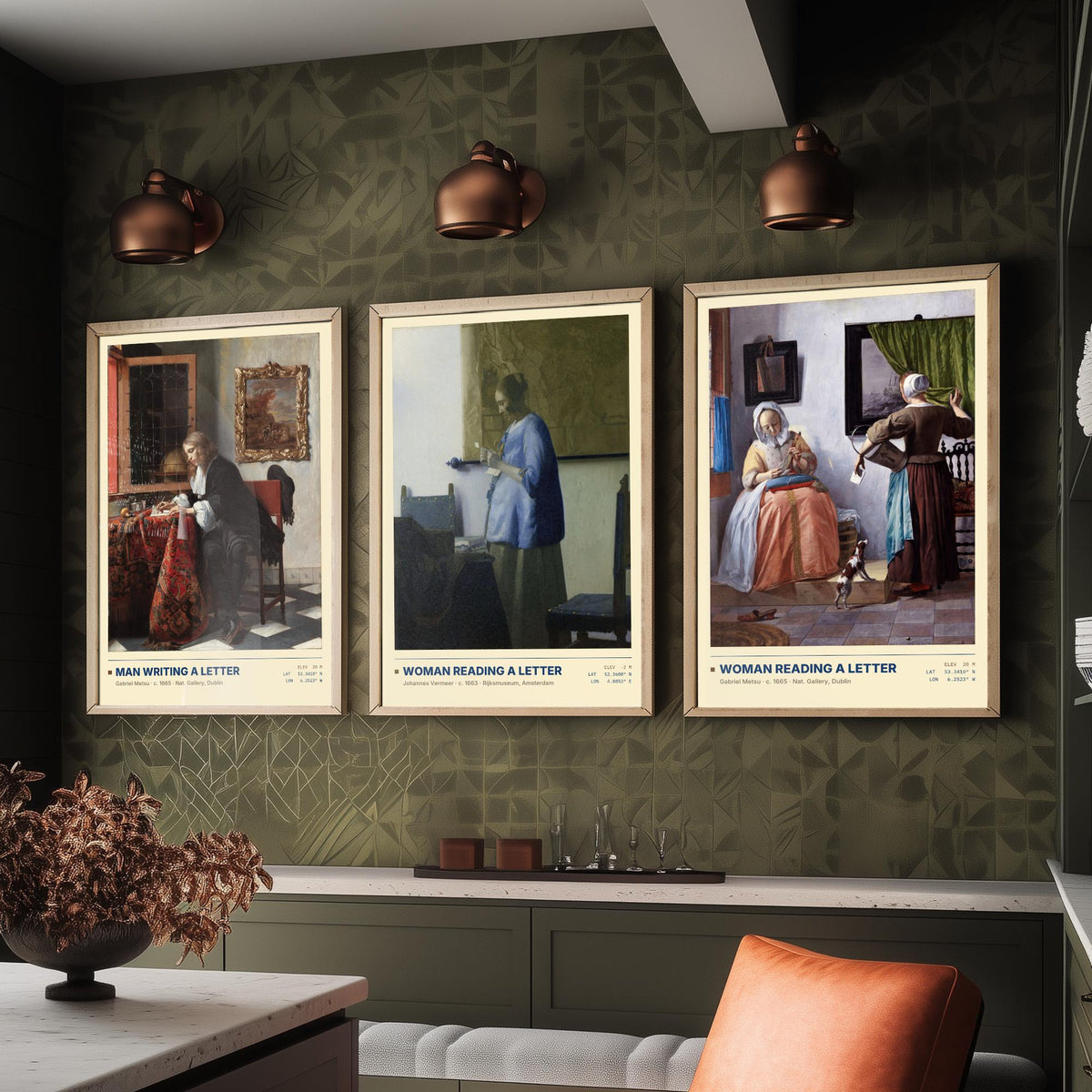 Letters Set of Three Art Prints - Man Writing a Letter, Woman Reading a Letter - Metsu and Vermeer Gallery Posters - Dutch Paintings