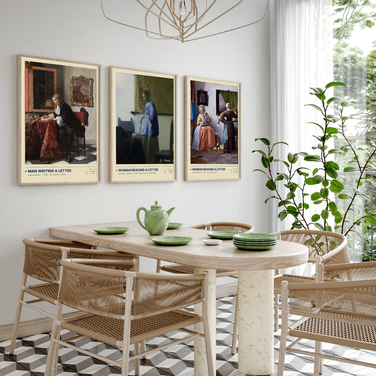 Letters Set of Three Art Prints - Man Writing a Letter, Woman Reading a Letter - Metsu and Vermeer Gallery Posters - Dutch Paintings