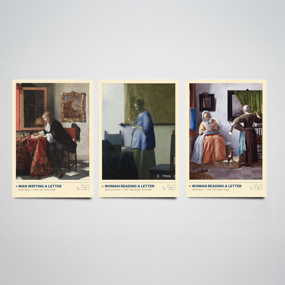 Letters Set of Three Art Prints - Man Writing a Letter, Woman Reading a Letter - Metsu and Vermeer Gallery Posters - Dutch Paintings