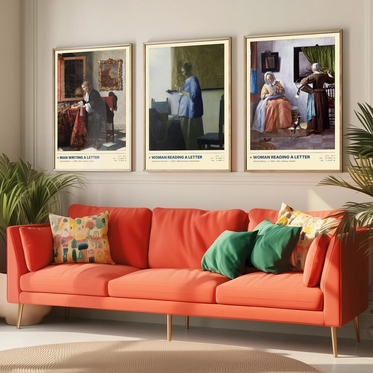 Letters Set of Three Art Prints - Man Writing a Letter, Woman Reading a Letter - Metsu and Vermeer Gallery Posters - Dutch Paintings