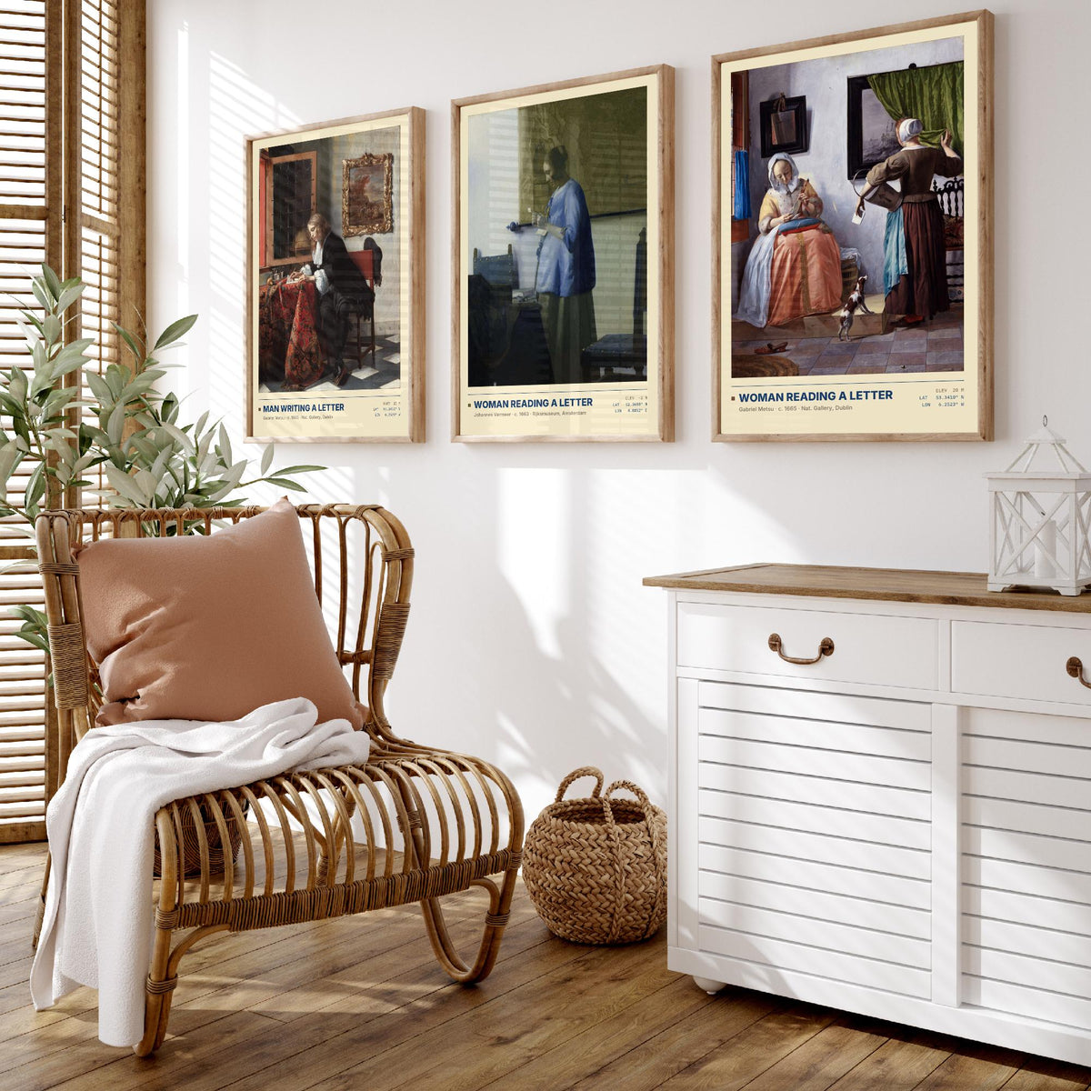 Letters Set of Three Art Prints - Man Writing a Letter, Woman Reading a Letter - Metsu and Vermeer Gallery Posters - Dutch Paintings