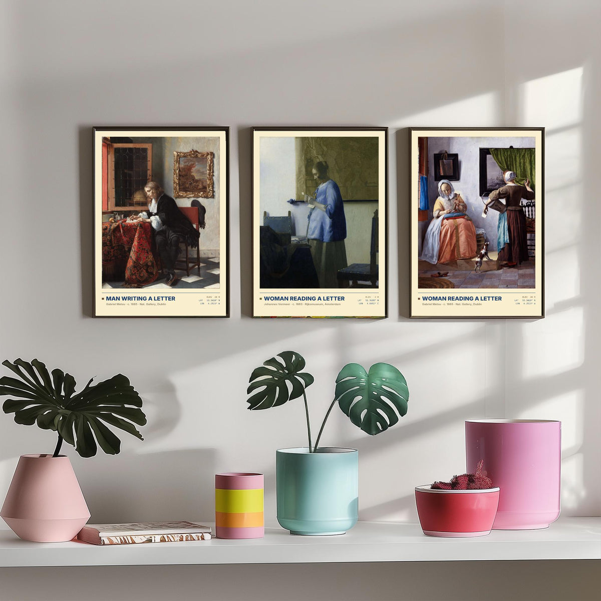 Letters Set of Three Art Prints - Man Writing a Letter, Woman Reading a Letter - Metsu and Vermeer Gallery Posters - Dutch Paintings