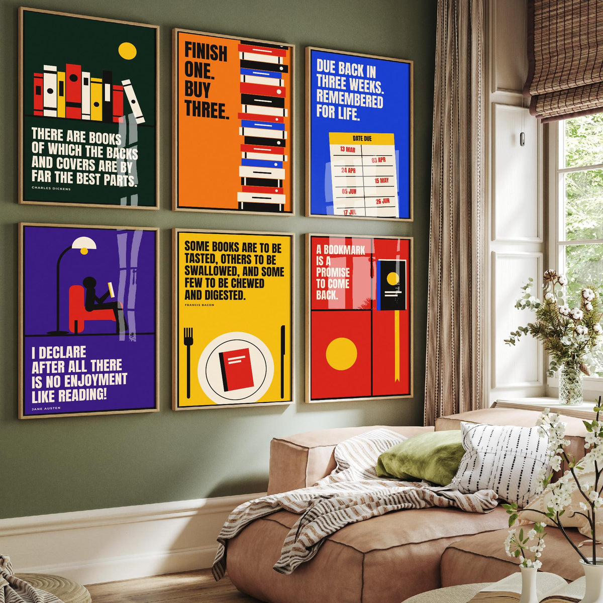 Set of Six Reading Quote Art Prints - 6 Bauhaus Book Lover Posters - Minimalist Library Illustration - Books, Bookmark, Library