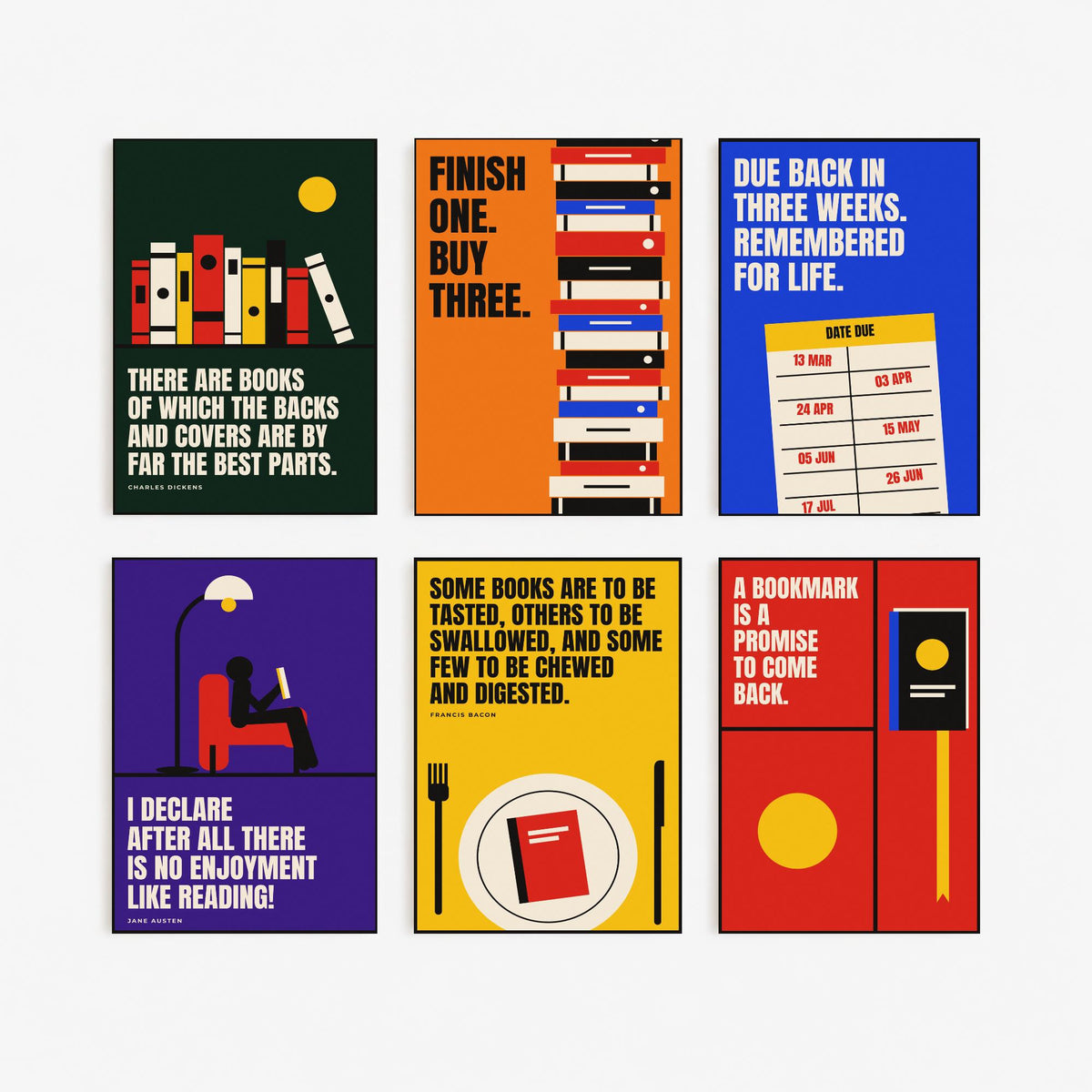 Set of Six Reading Quote Art Prints - 6 Bauhaus Book Lover Posters - Minimalist Library Illustration - Books, Bookmark, Library