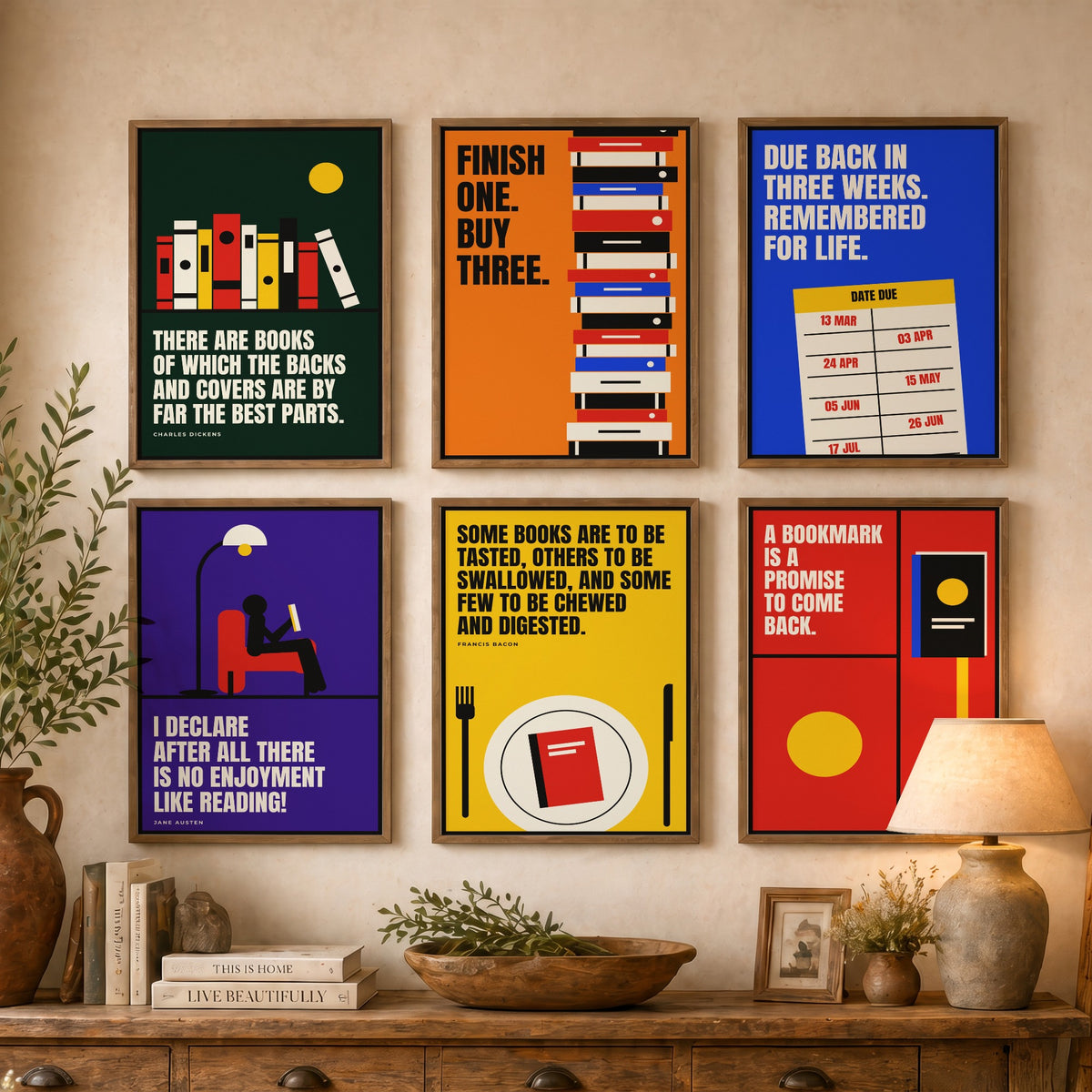 Set of Six Reading Quote Art Prints - 6 Bauhaus Book Lover Posters - Minimalist Library Illustration - Books, Bookmark, Library