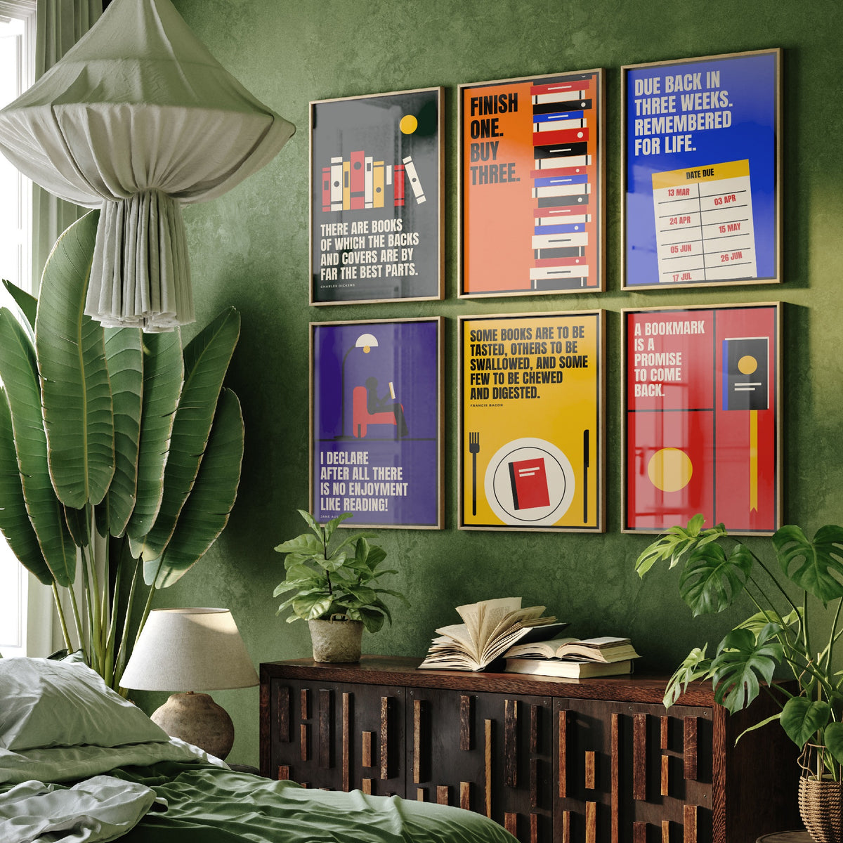 Set of Six Reading Quote Art Prints - 6 Bauhaus Book Lover Posters - Minimalist Library Illustration - Books, Bookmark, Library