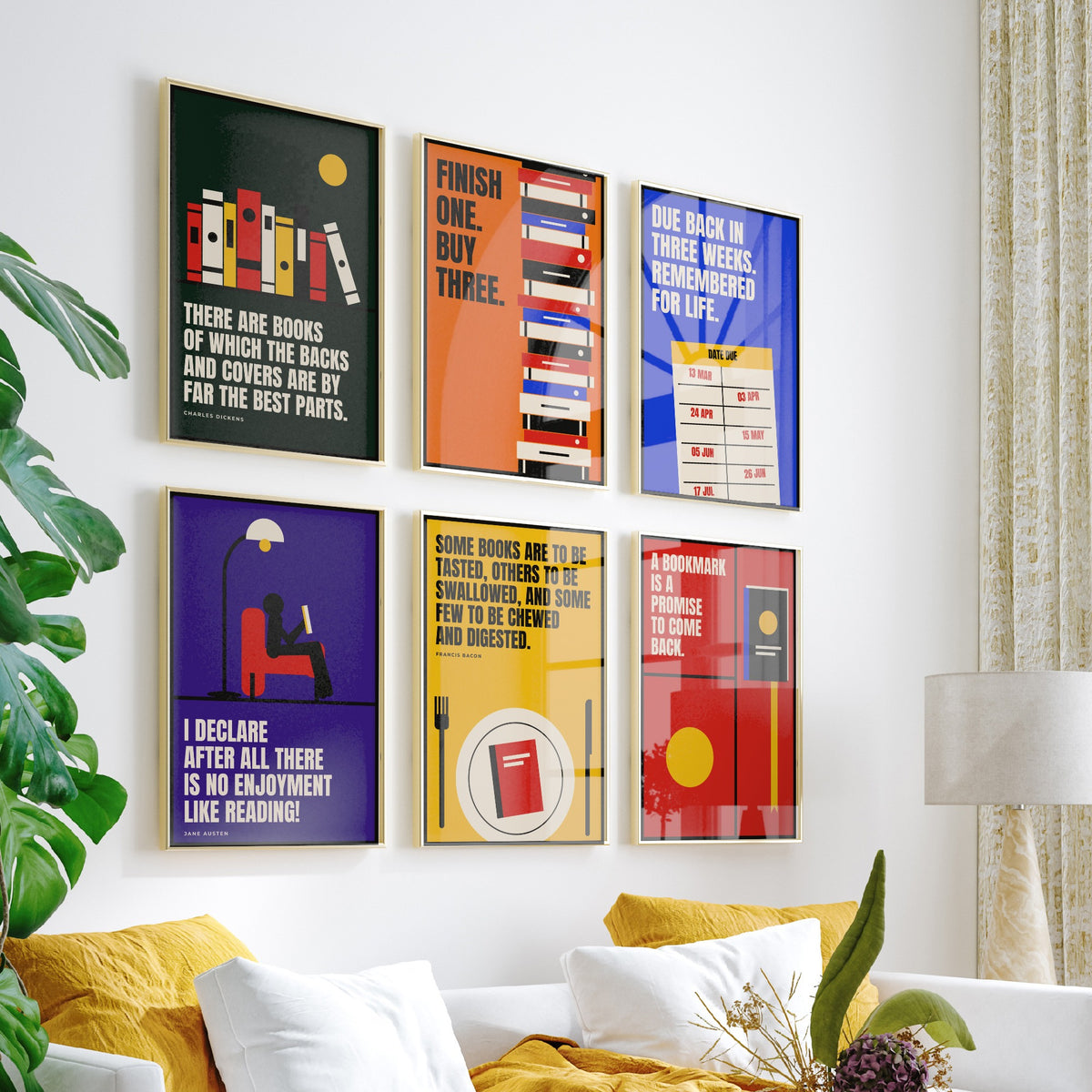 Set of Six Reading Quote Art Prints - 6 Bauhaus Book Lover Posters - Minimalist Library Illustration - Books, Bookmark, Library